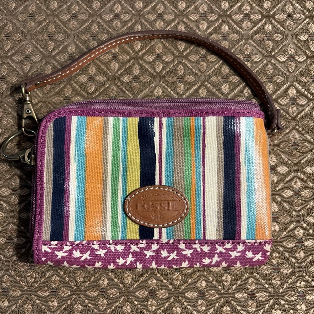 Fossil Purple/Multi Striped Wristlet Credit Cards Money Cigarettes Smokes Holder